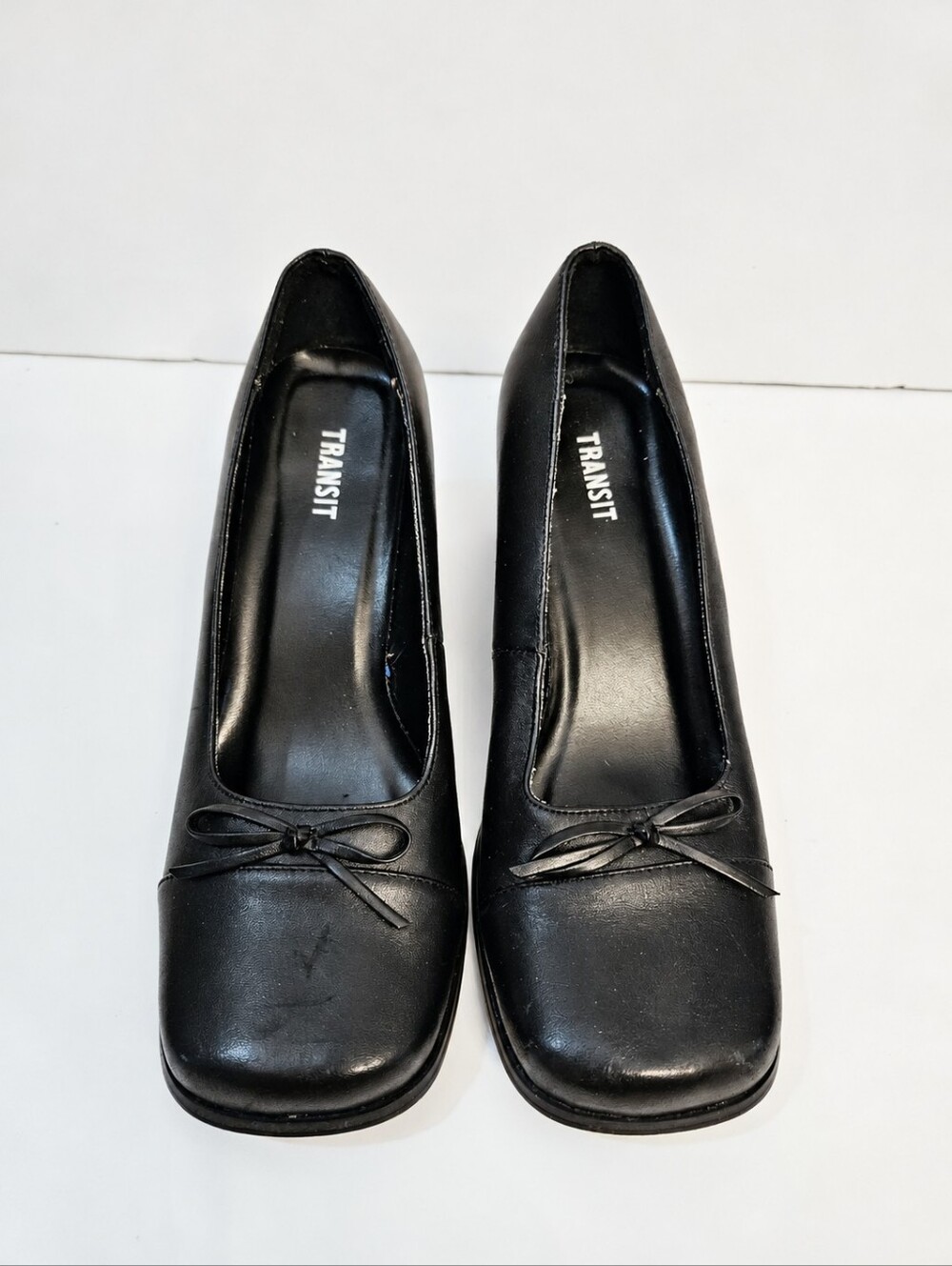 Vintage Y2K Transit Heels Size 37 US 6.5 Black Leather Square Toe Pumps